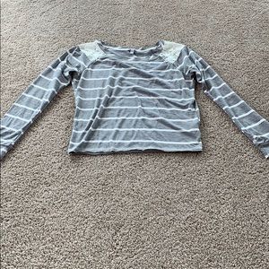 Grey and white striped shirt with white lace